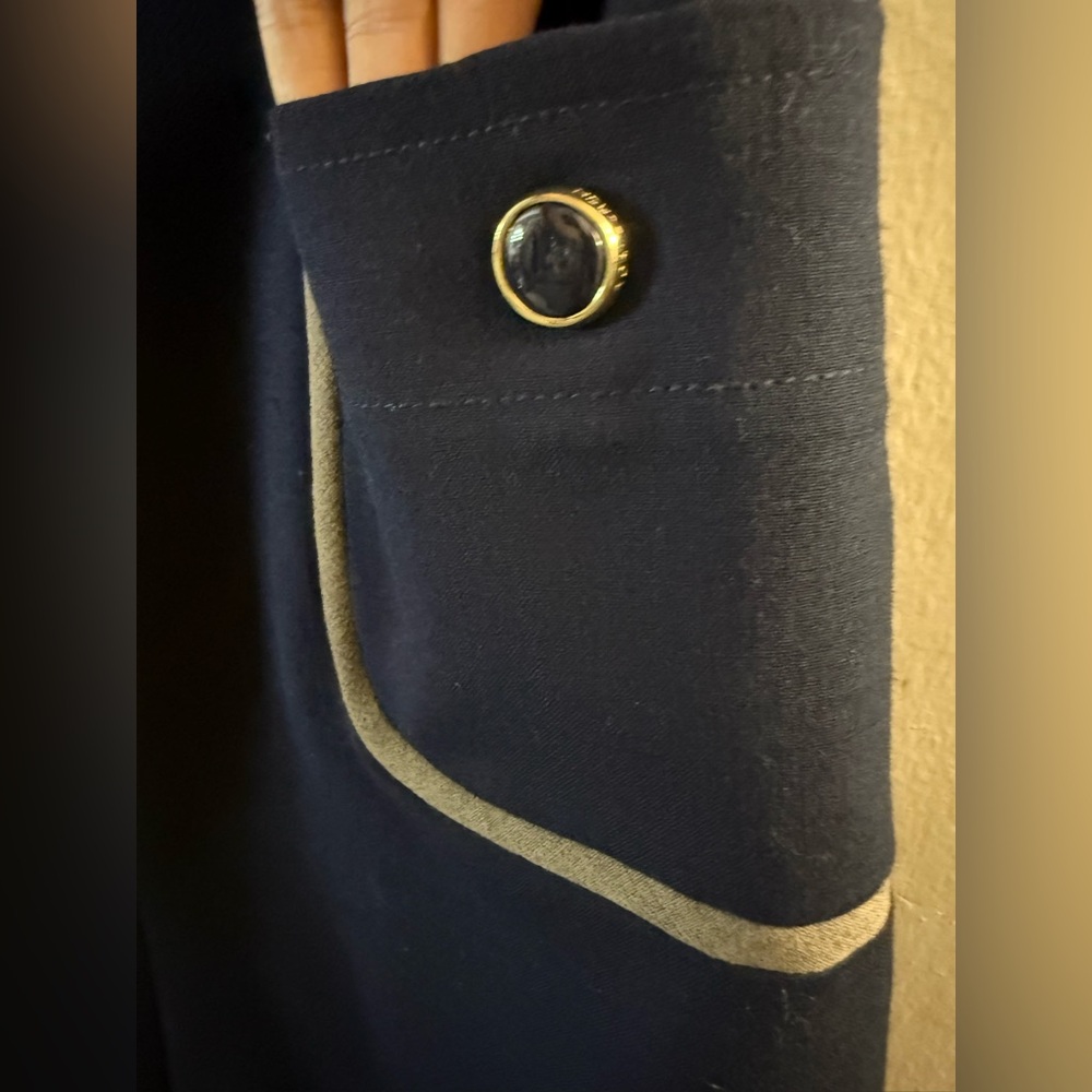 Tory Burch Elegant Navy Blue Sleeveless Sheath Dress‎ Beige Trim Detail Size 6 - Picture 5 of 10